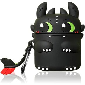 Cute Case Cover Compatible with AirPods 2nd & 1st with Carabiner Keychain Hook,Funny Unique 3D Soft Silicone Shockproof Protective Skin Case Cover for Airpod 1st 2nd Case-Toothless