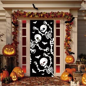 Halloween Skeleton Door Cover Skeleton Bone Backdrop Banner for Front Door Outdoor and Indoor Home Party Decor Halloween Party Decorations