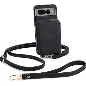 Google Pixel 8 Wallet Case for Women,Zipper Phone Case with RFID Blocking Card Holder Crossbody Strap PU Leather Case Compatible with Google Pixel 8, 2023 - Black