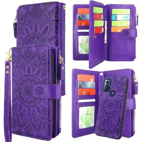 Harryshell Detachable Magnetic Zipper Wallet Leather Case with Cash Coin Pocket 12 Card Slots Holder Wrist Strap Lanyard for Motorola Moto G Play 2023 / Moto G Pure/G Power 2022 (Flower Purple)