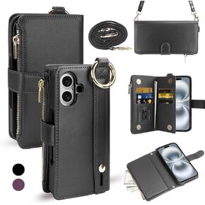 Coolden for iPhone 16 Plus Case with Card Holder Zipper PU Leather for iPhone 16 Plus Case Wallet Flip Folio Shoulder Strap for iPhone 16 Plus Phone Case Protective Cover for iPhone 16 Plus Purple