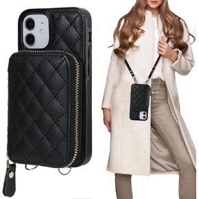 Bocasal Crossbody Wallet Case for iPhone 12 Mini, RFID Blocking PU Leather Zipper Handbag Purse Flip Cover, Kickstand Folio Case with Card Slots Holder Wrist Strap Lanyard 5G 5.4 Inch (Black)