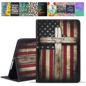 for iPad 9th/8th/7th Gen (2021/2020/2019) 10.2 Inch Case, Premium PU Leather Stand Cover with Smart Auto Wake Sleep for iPad Air (3rd Gen) 10.5" 2019, American Flag and Cross