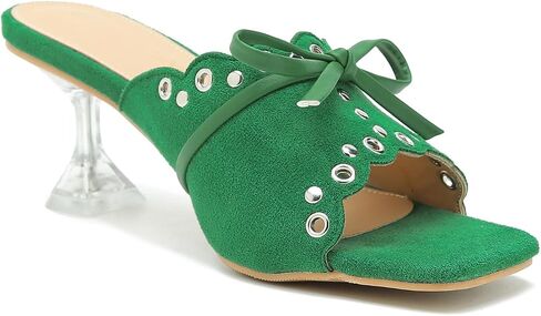 Women's Square Toe Bow Heels Sandals Stiletto Clear High Heel Mules Slip on Slippers Wedding Party Dress Shoes in Saudi Arabia