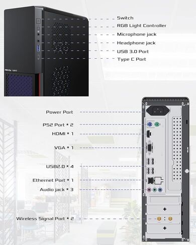 كمبيوتر مكتبي كمبيوتر شخصي 16 جيجا رام 512 جيجا اس اس دي معالج كور i7-4765T مع 2.4 جيجا/5 جيجا/6 جيجا واي فاي 6E بلوتوث 5.3، حجم صغير وإضاءة RGB، لوحة مفاتيح ماوس in Kuwait