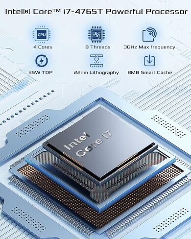 كمبيوتر مكتبي كمبيوتر شخصي 16 جيجا رام 512 جيجا اس اس دي معالج كور i7-4765T مع 2.4 جيجا/5 جيجا/6 جيجا واي فاي 6E بلوتوث 5.3، حجم صغير وإضاءة RGB، لوحة مفاتيح ماوس in Kuwait