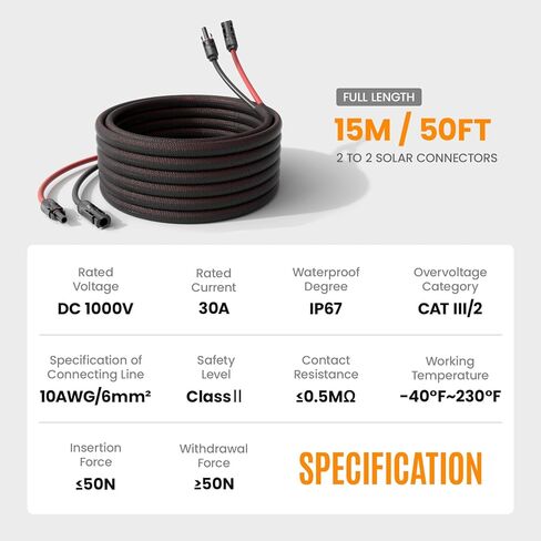 كابل تمديد الألواح الشمسية 10FT سلك مزدوج من النحاس النقي 10AWG كابل تمديد شمسي مع غمد، كابل شمسي للألواح الشمسية IP67 مقاوم للهب ومقاوم للتآكل (10AWG 10FT) in Saudi Arabia
