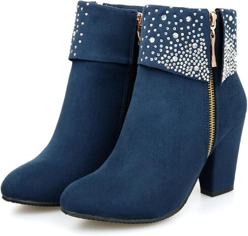 ZGRZPMGR Women Crystal Ankle Boots Fashion Suede Zipper Chunky High Heel Booties Party Prom Sparkly Wedding Short Boots in Saudi Arabia