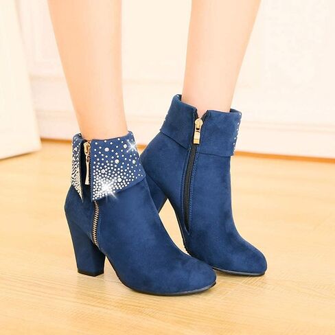 ZGRZPMGR Women Crystal Ankle Boots Fashion Suede Zipper Chunky High Heel Booties Party Prom Sparkly Wedding Short Boots in Saudi Arabia