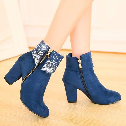 ZGRZPMGR Women Crystal Ankle Boots Fashion Suede Zipper Chunky High Heel Booties Party Prom Sparkly Wedding Short Boots in Saudi Arabia