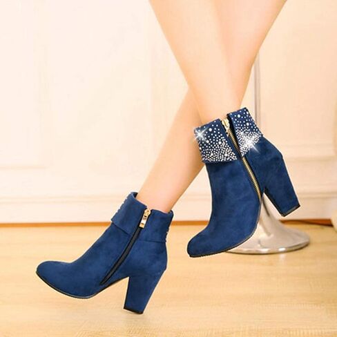 ZGRZPMGR Women Crystal Ankle Boots Fashion Suede Zipper Chunky High Heel Booties Party Prom Sparkly Wedding Short Boots in Saudi Arabia