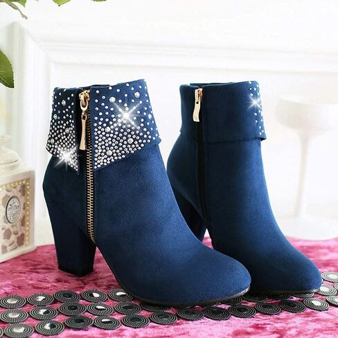 ZGRZPMGR Women Crystal Ankle Boots Fashion Suede Zipper Chunky High Heel Booties Party Prom Sparkly Wedding Short Boots in Saudi Arabia