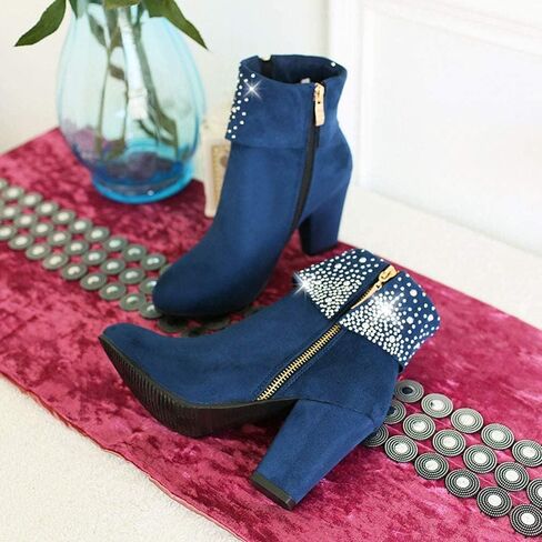 ZGRZPMGR Women Crystal Ankle Boots Fashion Suede Zipper Chunky High Heel Booties Party Prom Sparkly Wedding Short Boots in Saudi Arabia