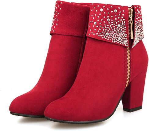 ZGRZPMGR Women Crystal Ankle Boots Fashion Suede Zipper Chunky High Heel Booties Party Prom Sparkly Wedding Short Boots in Saudi Arabia