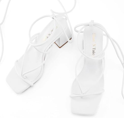 حذاء نسائي من Shoe'N Tale بكعب برباط حتى الكاحل وأشرطة Gladiator بكعب عالٍ وكعب مكتنز ومربع مفتوح عند الأصابع (10، أبيض) in Saudi Arabia