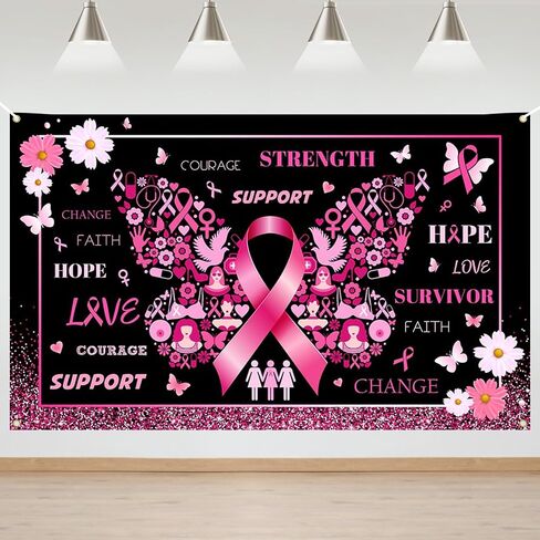 Mocsicka Breast Cancer Awareness Backdrop Breast Cancer Banner October Pink Ribbon Decor Breast Cancer Charity Activities Decorations Love Hope Faith Strength Background in Saudi Arabia