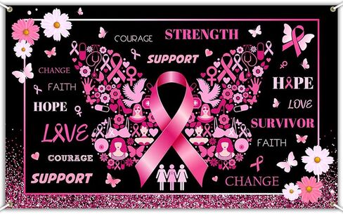 Mocsicka Breast Cancer Awareness Backdrop Breast Cancer Banner October Pink Ribbon Decor Breast Cancer Charity Activities Decorations Love Hope Faith Strength Background in Saudi Arabia