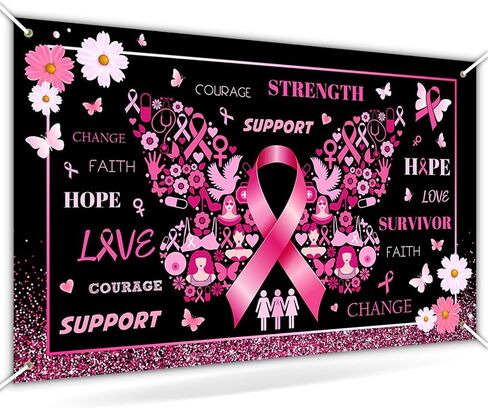 Mocsicka Breast Cancer Awareness Backdrop Breast Cancer Banner October Pink Ribbon Decor Breast Cancer Charity Activities Decorations Love Hope Faith Strength Background in Saudi Arabia