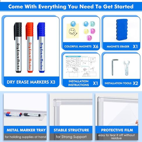 سبورة بيضاء كبيرة للجدار، لوحة مسح جافة مغناطيسية maxtek مقاس 72 × 40 بوصة، لوحة بيضاء مثبتة على الحائط، لوحة علامة مذكرة للرسائل قابلة للطي مع صينية قلم تحديد، ممحاة واحدة، 3 علامات و6 مغناطيسات in Kuwait