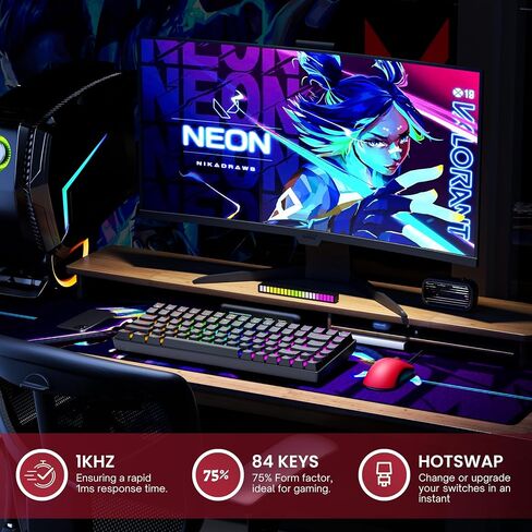 HK GAMING GK75 75% v3 | لوحة مفاتيح الألعاب الميكانيكية Hotswap | 84 مفتاحًا بإضاءة خلفية LED RGB متعددة الألوان لألعاب الكمبيوتر/Mac | تخطيط الولايات المتحدة (أسود، السرعة الميكانيكية صفراء) in Kuwait