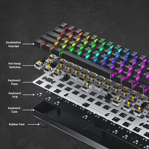HK GAMING GK75 75% v3 | لوحة مفاتيح الألعاب الميكانيكية Hotswap | 84 مفتاحًا بإضاءة خلفية LED RGB متعددة الألوان لألعاب الكمبيوتر/Mac | تخطيط الولايات المتحدة (أسود، السرعة الميكانيكية صفراء) in Kuwait
