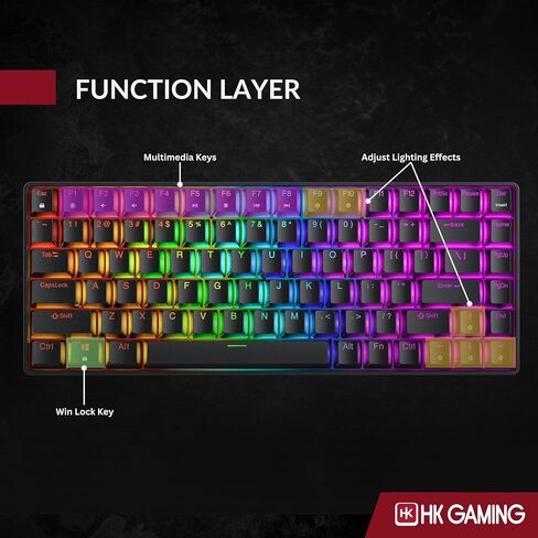 HK GAMING GK75 75% v3 | لوحة مفاتيح الألعاب الميكانيكية Hotswap | 84 مفتاحًا بإضاءة خلفية LED RGB متعددة الألوان لألعاب الكمبيوتر/Mac | تخطيط الولايات المتحدة (أسود، السرعة الميكانيكية صفراء) in Kuwait