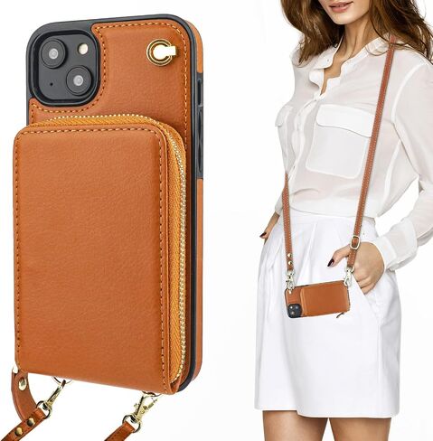 حافظة محفظة KIHUWEY Crossbody لهاتف iPhone 14 Plus، حافظة جيب بسحاب مع حامل بطاقة، حافظة حماية من جلد البولي يوريثان RFID مع مسند حزام معصم قابل للفصل 6.7 بوصة (بني) in Kuwait