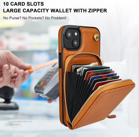 حافظة محفظة KIHUWEY Crossbody لهاتف iPhone 14 Plus، حافظة جيب بسحاب مع حامل بطاقة، حافظة حماية من جلد البولي يوريثان RFID مع مسند حزام معصم قابل للفصل 6.7 بوصة (بني) in Kuwait