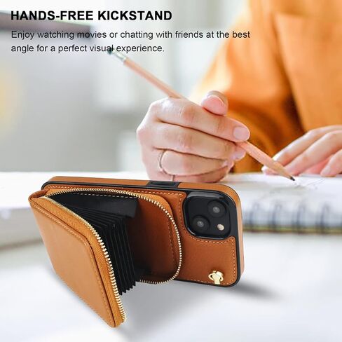 حافظة محفظة KIHUWEY Crossbody لهاتف iPhone 14 Plus، حافظة جيب بسحاب مع حامل بطاقة، حافظة حماية من جلد البولي يوريثان RFID مع مسند حزام معصم قابل للفصل 6.7 بوصة (بني) in Kuwait