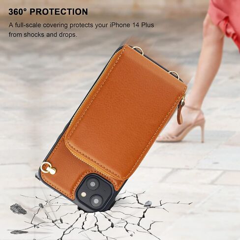 حافظة محفظة KIHUWEY Crossbody لهاتف iPhone 14 Plus، حافظة جيب بسحاب مع حامل بطاقة، حافظة حماية من جلد البولي يوريثان RFID مع مسند حزام معصم قابل للفصل 6.7 بوصة (بني) in Kuwait
