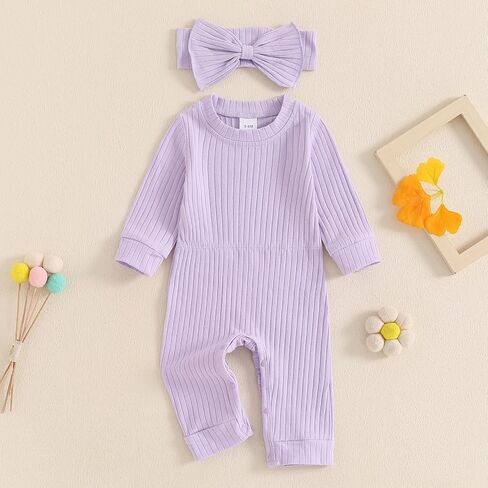 Newborn Baby Girl Fall Outfits Long Sleeve Ribbed Romper Jumpsuit with Headband Set Infant Girl Clothes in Saudi Arabia