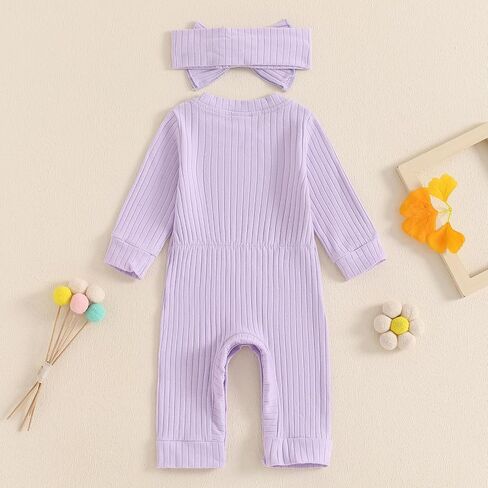 Newborn Baby Girl Fall Outfits Long Sleeve Ribbed Romper Jumpsuit with Headband Set Infant Girl Clothes in Saudi Arabia