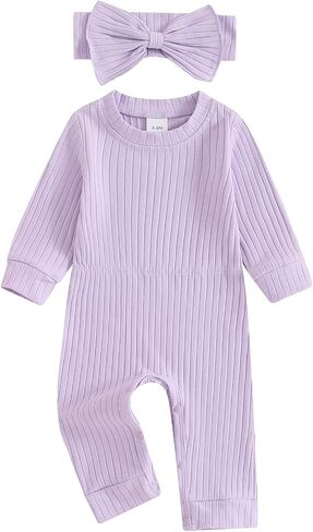Newborn Baby Girl Fall Outfits Long Sleeve Ribbed Romper Jumpsuit with Headband Set Infant Girl Clothes in Saudi Arabia