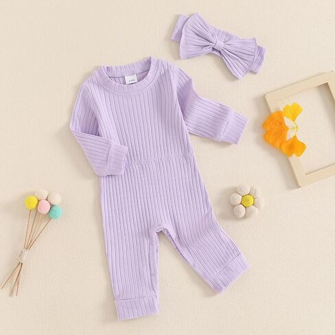 Newborn Baby Girl Fall Outfits Long Sleeve Ribbed Romper Jumpsuit with Headband Set Infant Girl Clothes in Saudi Arabia