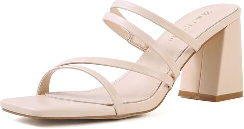 Shoe'N Tale Strappy Heels for Women Two Band Chunky Block Heeled Sandals Square Open Toe Backless Mules Slip On Pump Dress Shoes(8.5,Nude) in Saudi Arabia