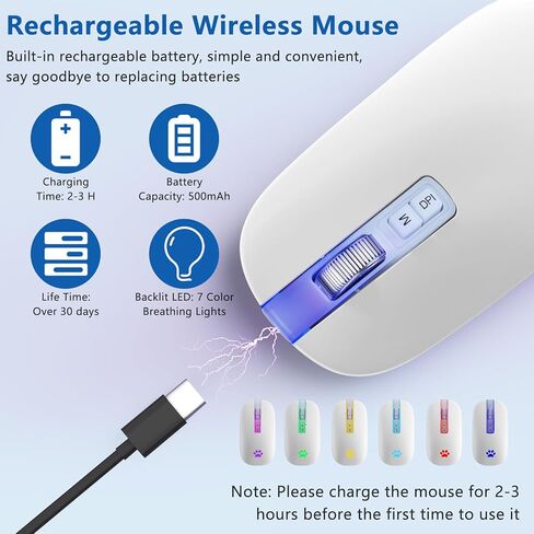 ماوس لاسلكي، ماوس لاسلكي قابل لإعادة الشحن 2.4 جيجا، ماوس كمبيوتر نحيف محمول بإضاءة خلفية LED لأجهزة الكمبيوتر المحمول، الكمبيوتر الشخصي، الكمبيوتر، ماك بوك، آيباد، كروم بوك، نوت بوك in Kuwait