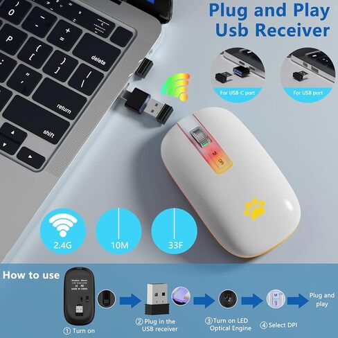ماوس لاسلكي، ماوس لاسلكي قابل لإعادة الشحن 2.4 جيجا، ماوس كمبيوتر نحيف محمول بإضاءة خلفية LED لأجهزة الكمبيوتر المحمول، الكمبيوتر الشخصي، الكمبيوتر، ماك بوك، آيباد، كروم بوك، نوت بوك in Kuwait
