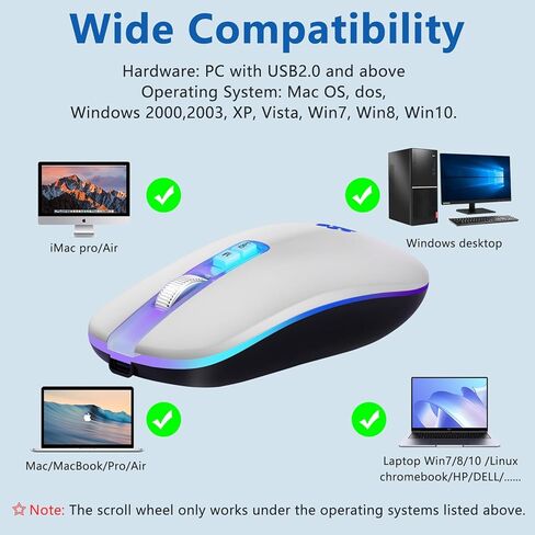 ماوس لاسلكي، ماوس لاسلكي قابل لإعادة الشحن 2.4 جيجا، ماوس كمبيوتر نحيف محمول بإضاءة خلفية LED لأجهزة الكمبيوتر المحمول، الكمبيوتر الشخصي، الكمبيوتر، ماك بوك، آيباد، كروم بوك، نوت بوك in Kuwait
