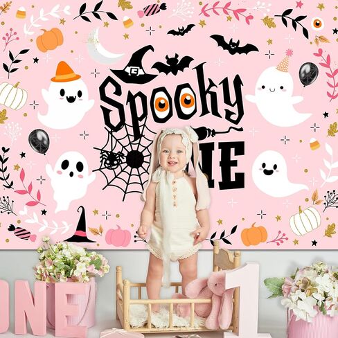 mocsicka عصبي خلفية واحدة الوردي فتاة شبح خلفية عيد ميلاد الأول لطيف شبح spooktacular هالوين أول عيد ميلاد حزب زينة راية صور استوديو الدعائم (7x5ft) in Saudi Arabia