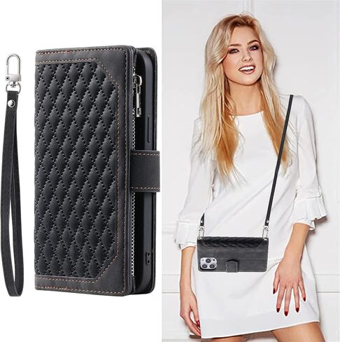 Crossbody Wallet Case for Samsung Galaxy S22 Ultra Leather Phone Case with Card Holder Kickstand & Wrist Strap Cover Magnetic Closure Flip Handbag Zipper Purse Shell for Women(Black) in Saudi Arabia