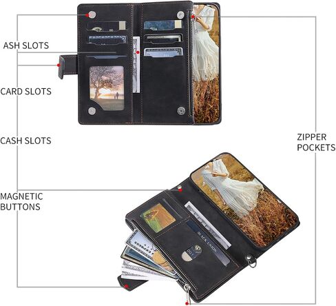 Crossbody Wallet Case for Samsung Galaxy S22 Ultra Leather Phone Case with Card Holder Kickstand & Wrist Strap Cover Magnetic Closure Flip Handbag Zipper Purse Shell for Women(Black) in Saudi Arabia