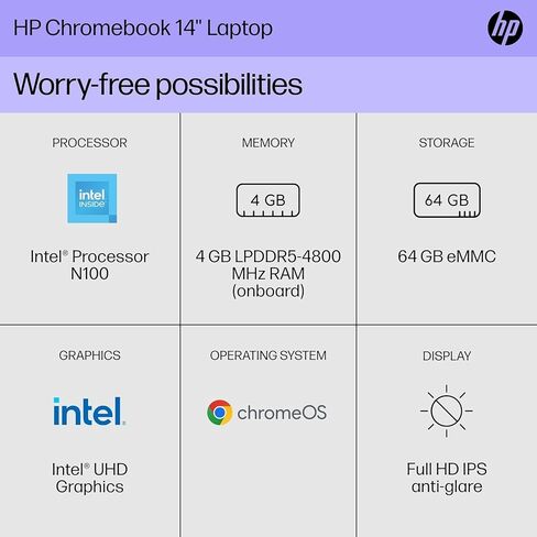HP Chromebook 14 inch Laptop, FHD Display, Intel N100, 4 GB RAM, 64 GB eMMC, Intel UHD Graphics, Chrome OS 14a-nf0009nr (2024) in Saudi Arabia