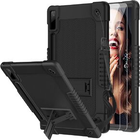 حافظة لجهاز Lenovo Tab P12 بوصة 2023 TB370FU وحزام كتف مدمج وحامل قلم مدمج للأطفال + 2 قطعة واقيات شاشة لجهاز Lenovo Tab P12 Lenovo Xiaoxin Pad Pro 12.7 بوصة (أسود)