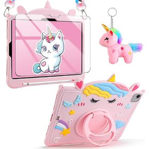 VOFUOE for iPad Air 11 Inch Case 2024 Kids Screen Protector for iPad Air 6th 5th 4th Generation Case 10.9 for iPad Pro 11 Inch Case 2022 2021 2020 with Shoulder Straps Dolls Stand Silicone Cover-Pink