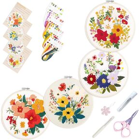 SQIALOUN Embroidery kit for Beginners, 4 Sets Embroidery Kit for Beginners Adults and Kids with Patterns,Needle Point Kits Adults Beginner, Hand Embroidery Kit, Embroidery Starter Kit