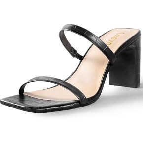 Leevar Square Toe Heels Sandals - Black Heels Chunky Two Strap Low Heels for Women Leather Mule Sandals Slip On Block Heels for Party Dating Daily Standard Size 2.75 Inch