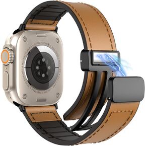 TiMOVO No Gap Leather Hybrid Silicone Band Compatible with Apple watch Ultra/Ultra2 49mm/Series10/9/8/7/6/5/4/3/2/1/SE 42/44/45/46mm, Quick Release Straps Straps Magnetic Buckle for Women Men