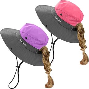 3 Pack Kids Girls Ponytail Summer Sun Hat Wide Brim UV Protection Bucket Beach Cap