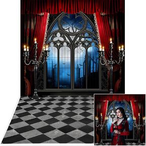 Avezano Halloween Backdrop Vampire Medieval Castle Gothic Window Moon Bats Photography Background Dress-up Birthday Party Supplies Horrible Decorations Photo Booth Props 5x7ft