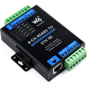 Waveshare 4-Ch RS485 to RJ45 Ethernet Serial Server, 4 Channels RS485 Independent Operation, Rail-Mount Industrial Isolated Serial Module, Bi-Directional Transparent Transmission, Modbus Gateway